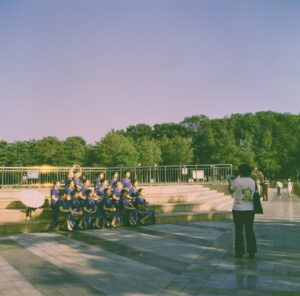 Group posing for a photograph outdoors